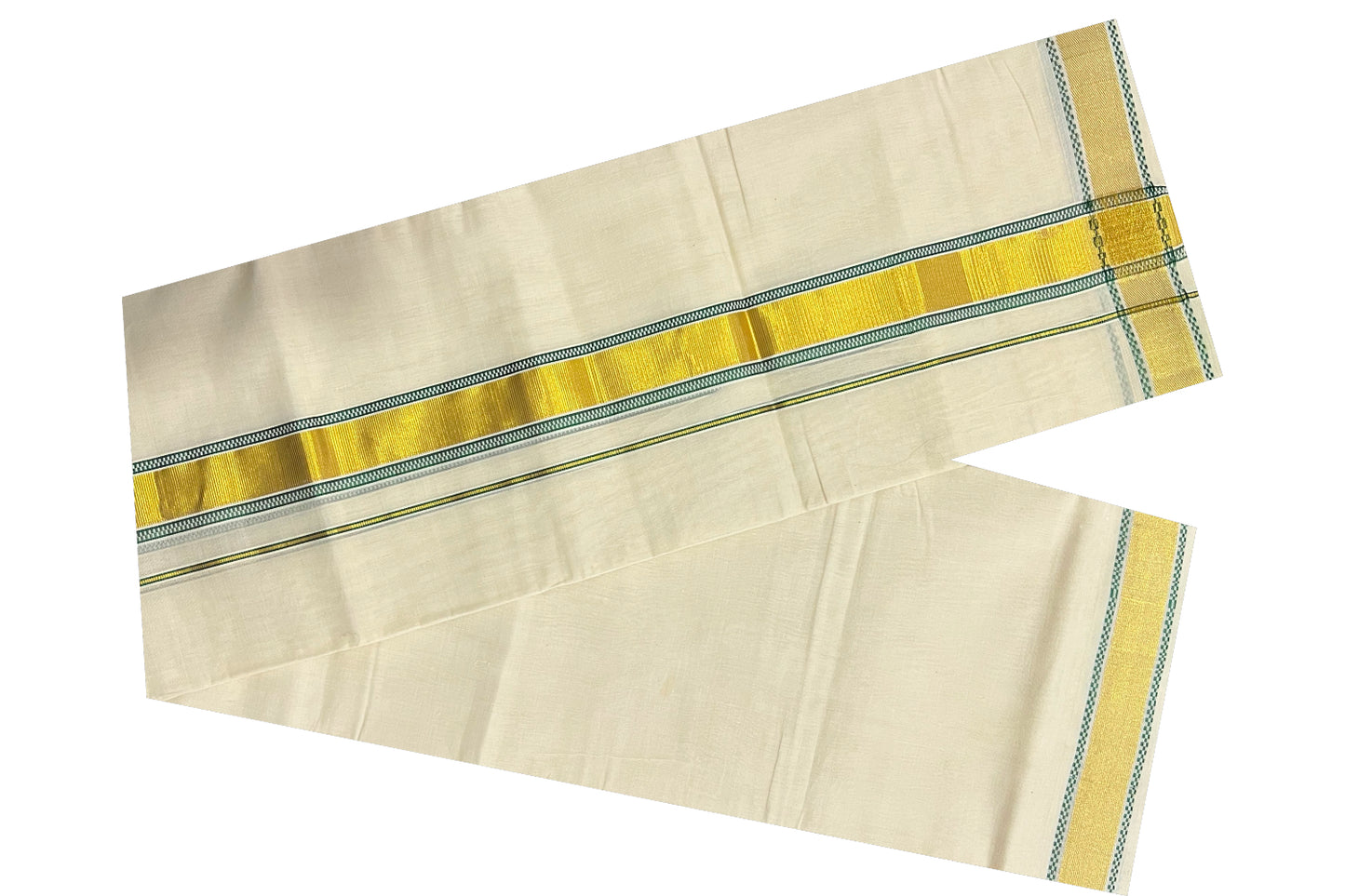 Southloom Balaramapuram Handloom Pure Cotton Mundu with Kasavu and Green Design Border (South Indian Dhoti)