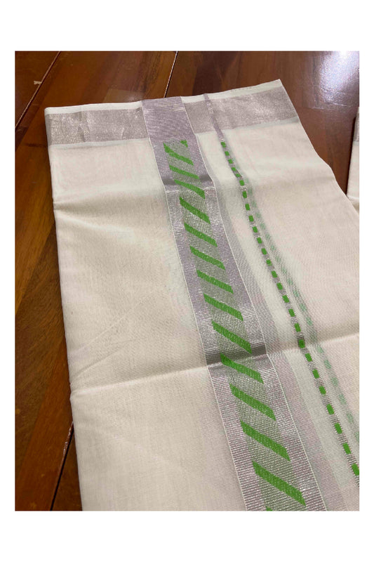 Southloom Handloom Premium Silver Kasavu Dhoti with Light Green Woven Design Border