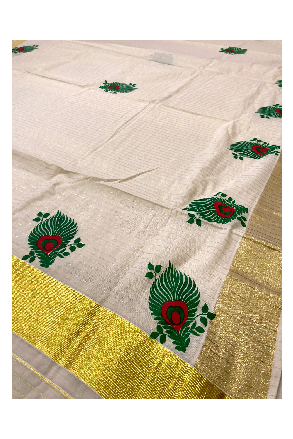 Pure Cotton Kerala Kasavu Lines Saree with Green and Red Block Prints on Border