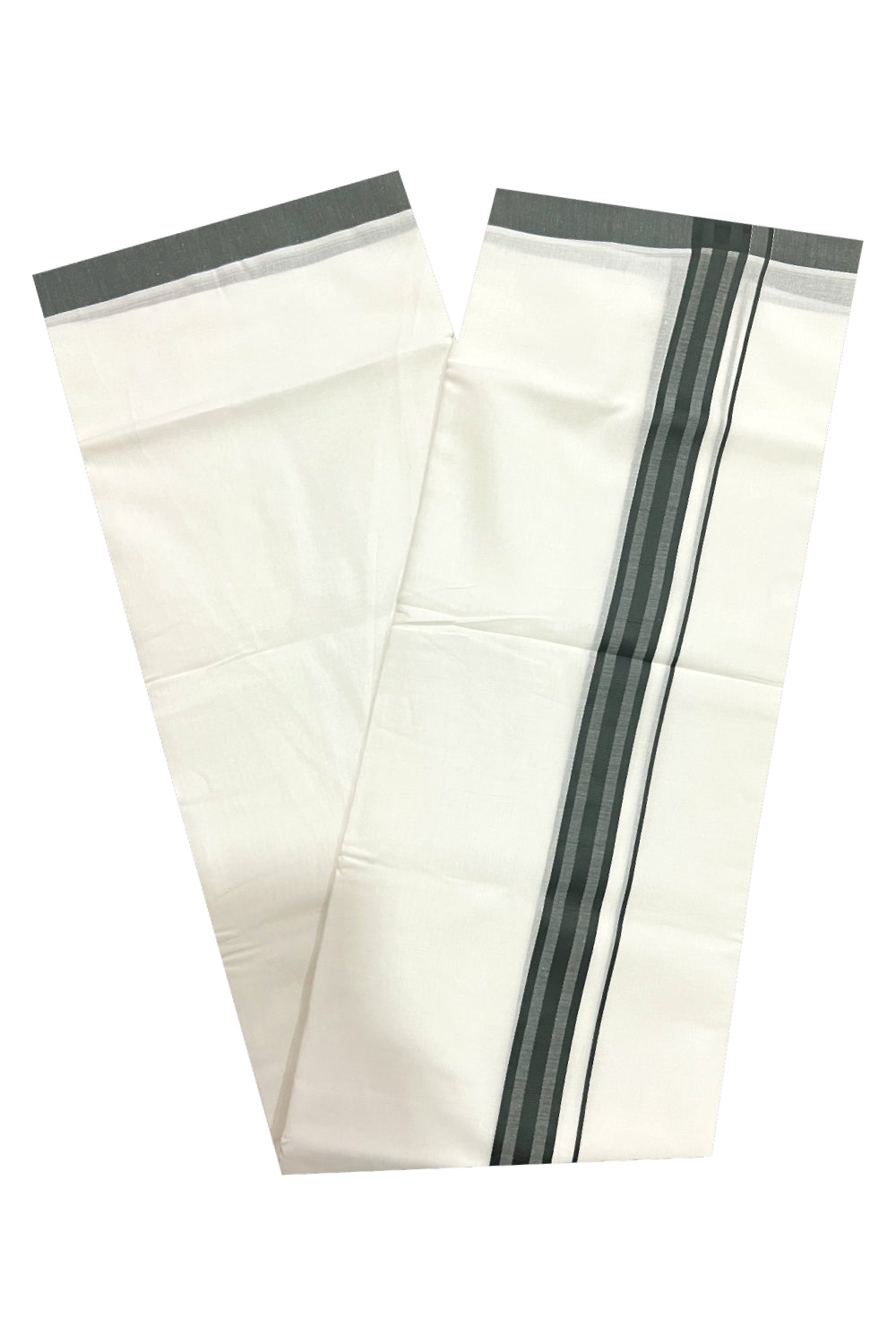 Pure White Cotton Double Mundu with Greenish Grey Line Border (South Indian Dhoti)