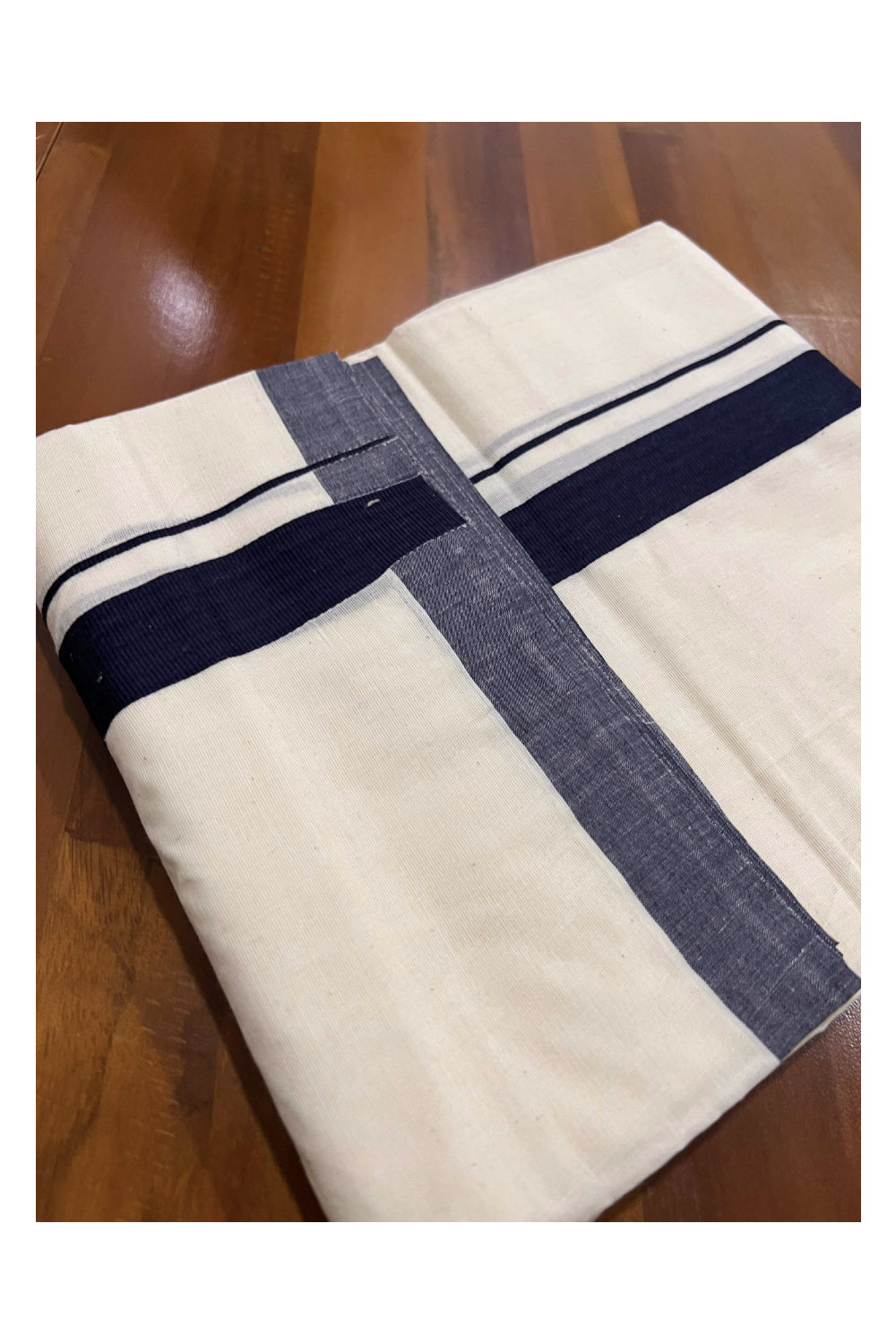 Off White Pure Cotton Double Mundu with Navy Blue Kara (South Indian Dhoti)