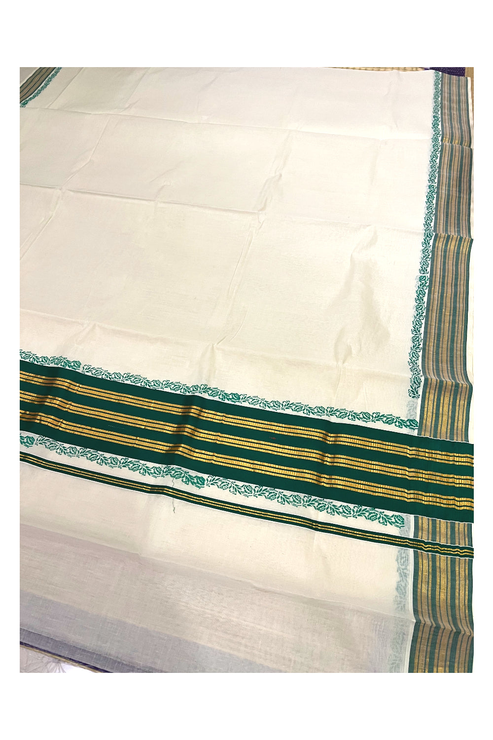 Pure Cotton Kerala Saree with Kasavu and Dark Green Floral Block Prints on Border