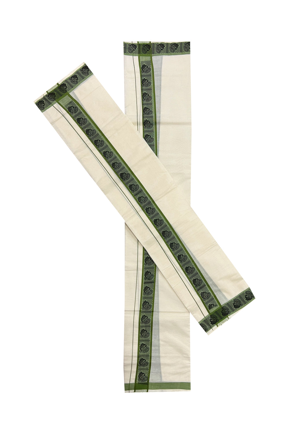 Kerala Cotton Set Mundu (Mundum Neriyathum) with Green Peacock Block Printed Border