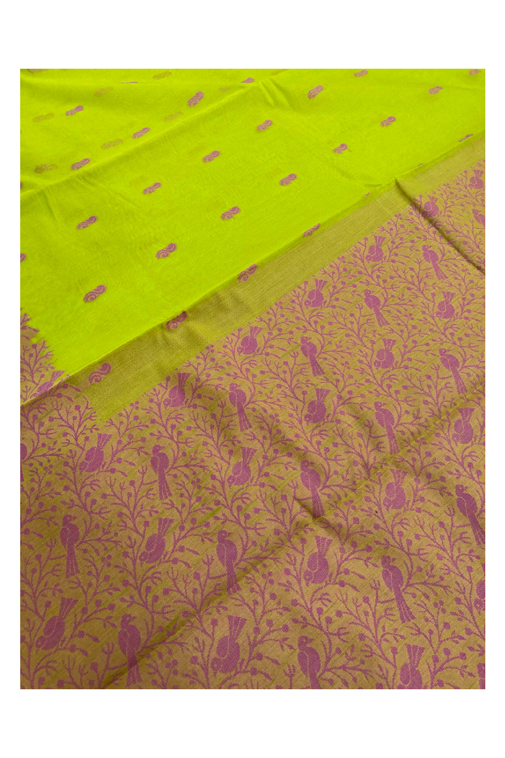 Southloom Sico Gadwal Semi Silk Saree in Light Green and Pink with Bird Motifs (Blouse Piece with Work)