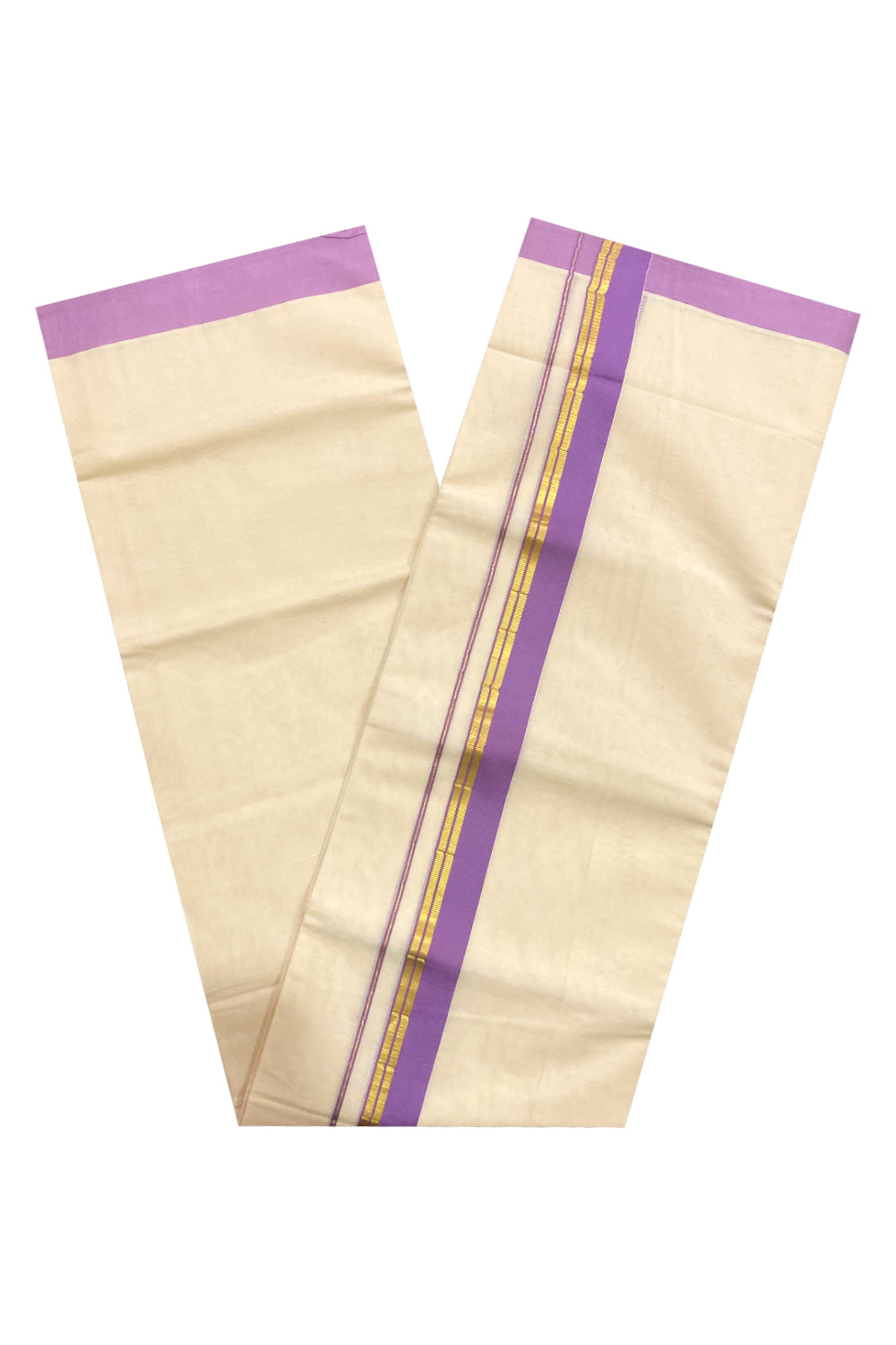 Off White Pure Cotton Double Mundu with Kasavu and Violet Border (South Indian Dhoti)