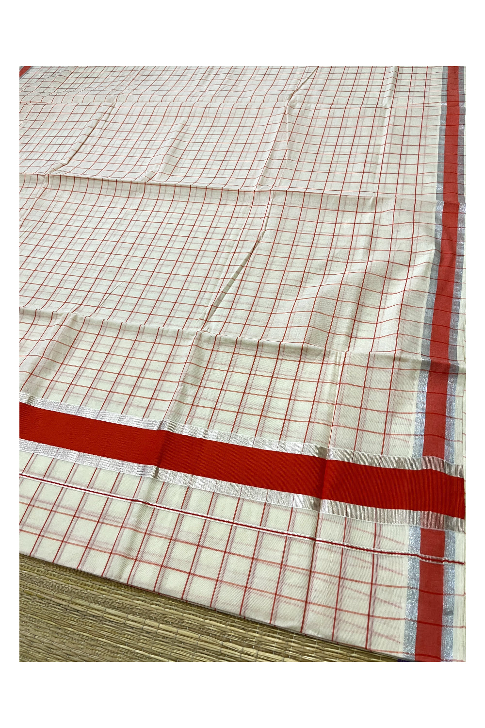 Kerala Silver Kasavu Woven Check Saree with Orange Border