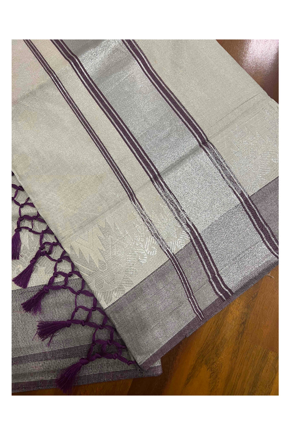 Kerala Silver Tissue Plain Saree with Purple and Silver Border