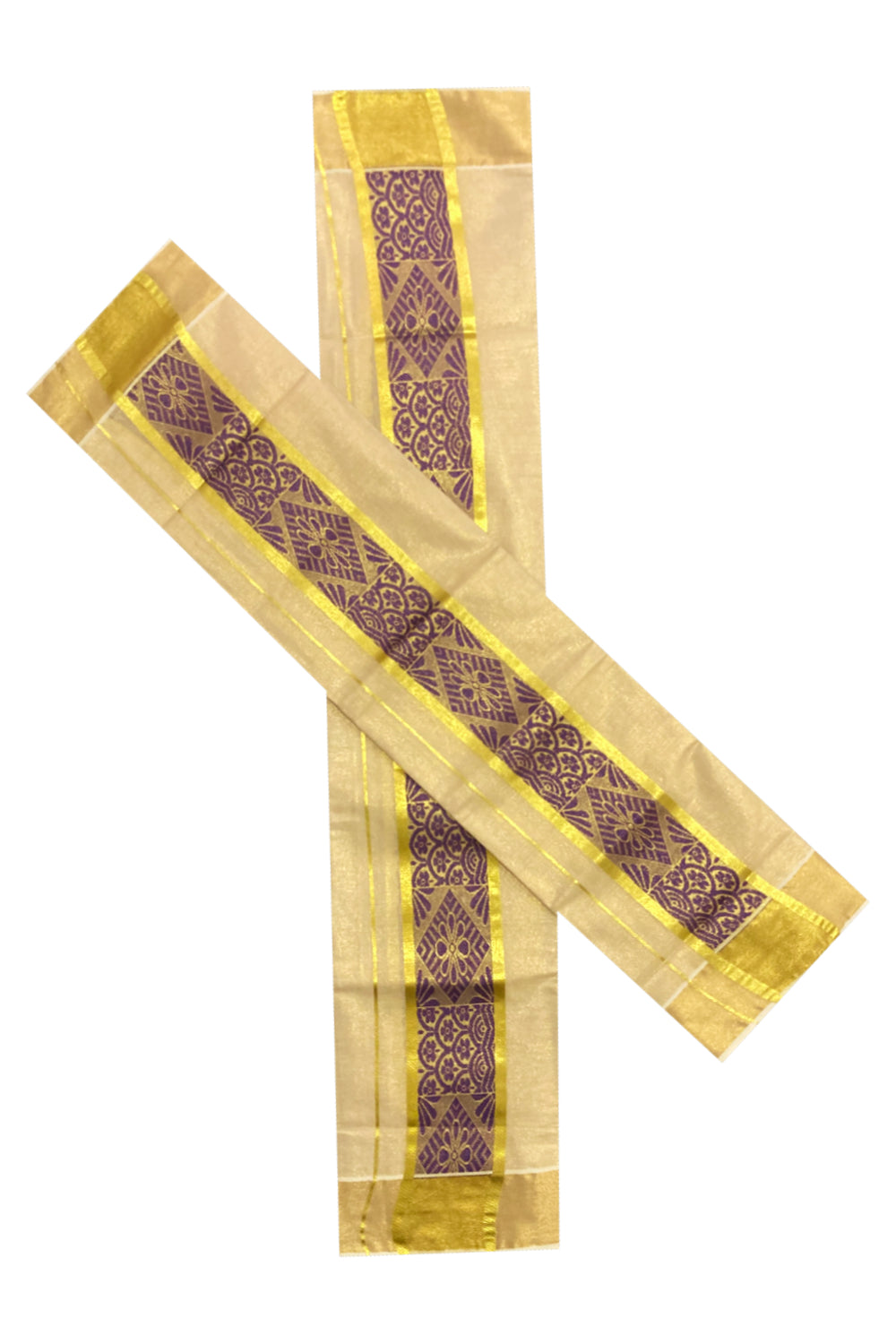 Kerala Tissue Kasavu Set Mundu (Mundum Neriyathum) with Violet Thread Work on Border