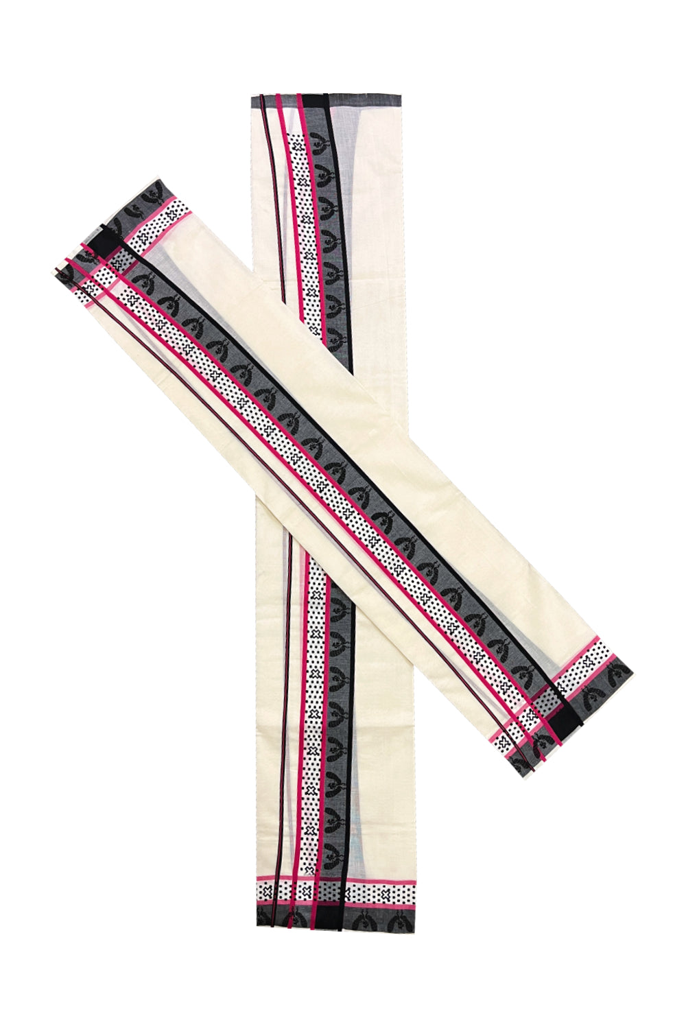 Kerala Cotton Single Set Mundu (Mundum Neriyathum) with Red Black Block Prints on Border