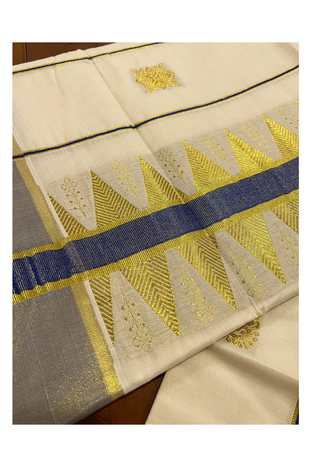 Pure Cotton Kerala Kasavu Heavy Woven Work Saree with Blue Border