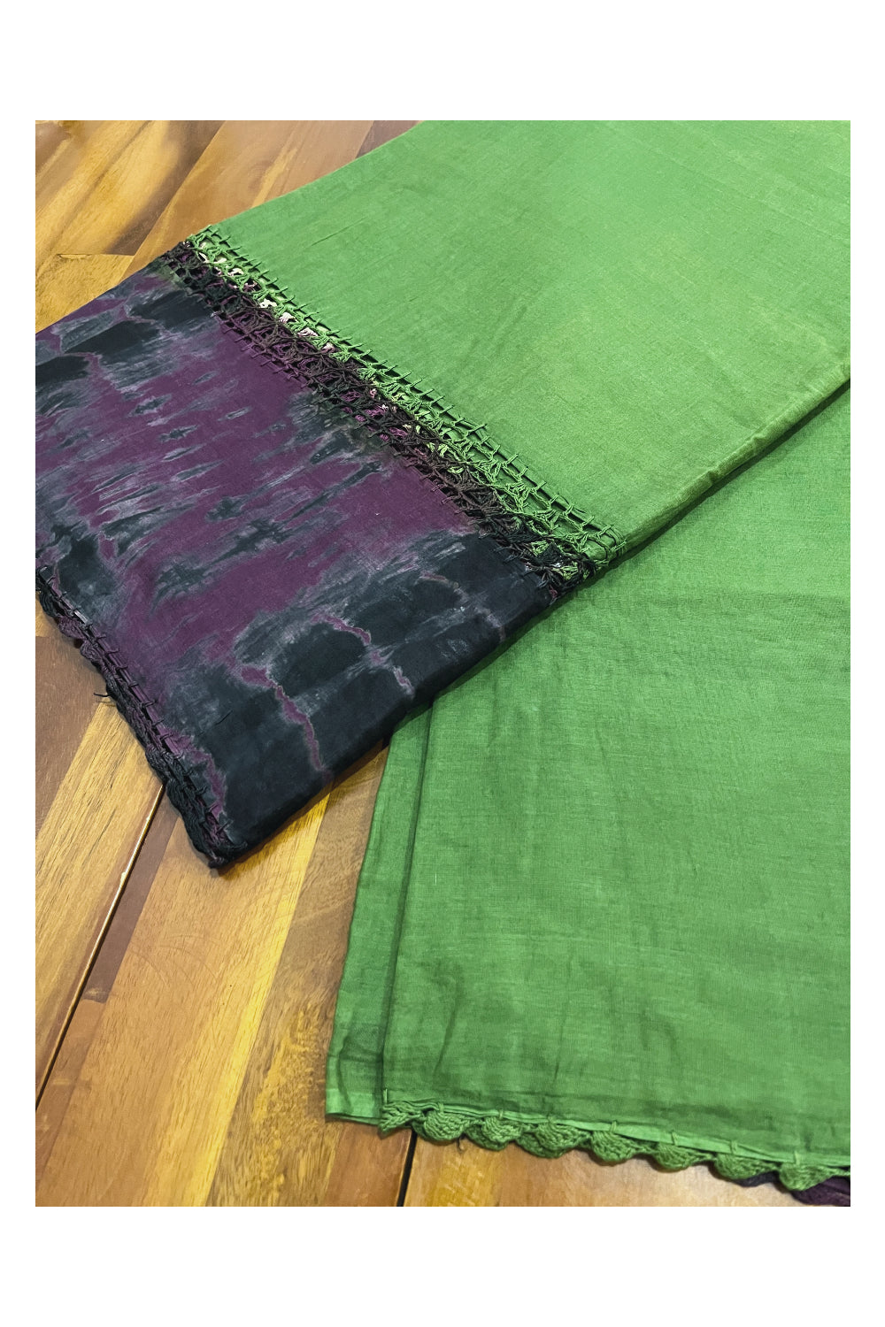 Southloom Pure Cotton Green Saree with Designer Purple Crochet works on Border