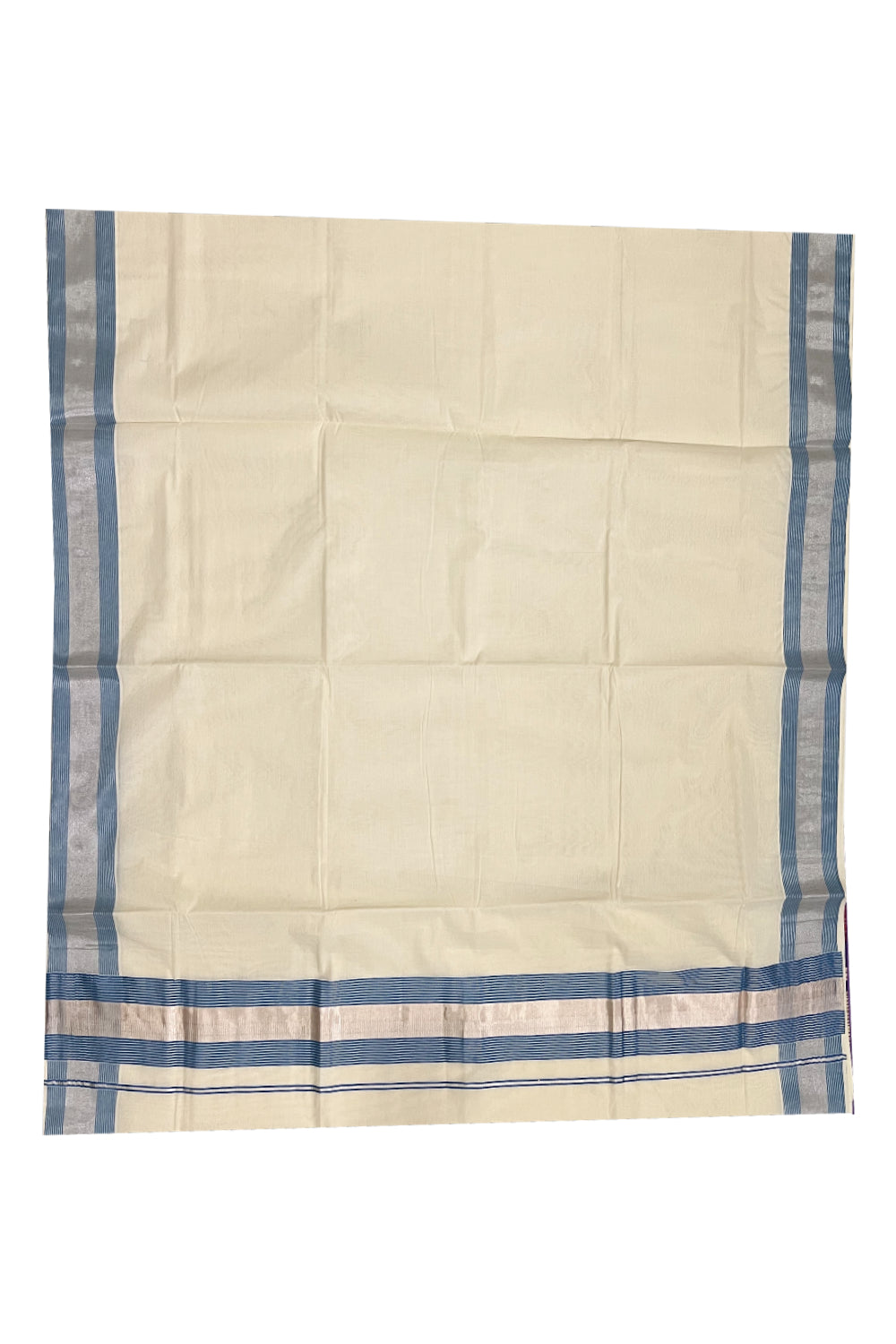 Pure Cotton Kerala Plain Saree with Silver Kasavu and Light Blue Line Border