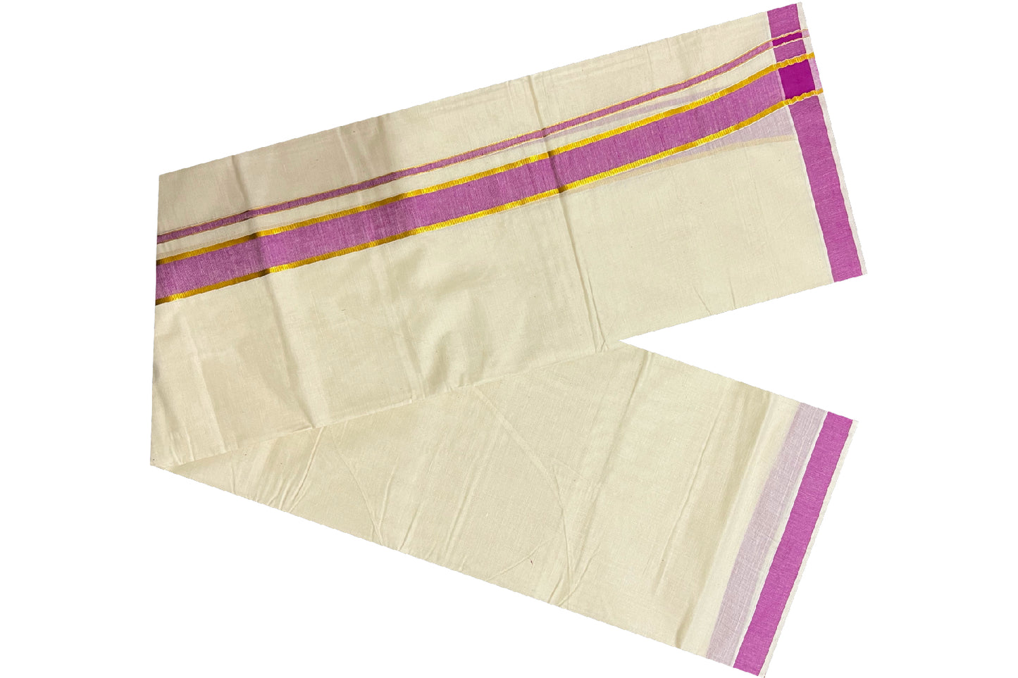 Off White Kerala Double Mundu with Kasavu and Magenta Border (South Indian Dhoti)