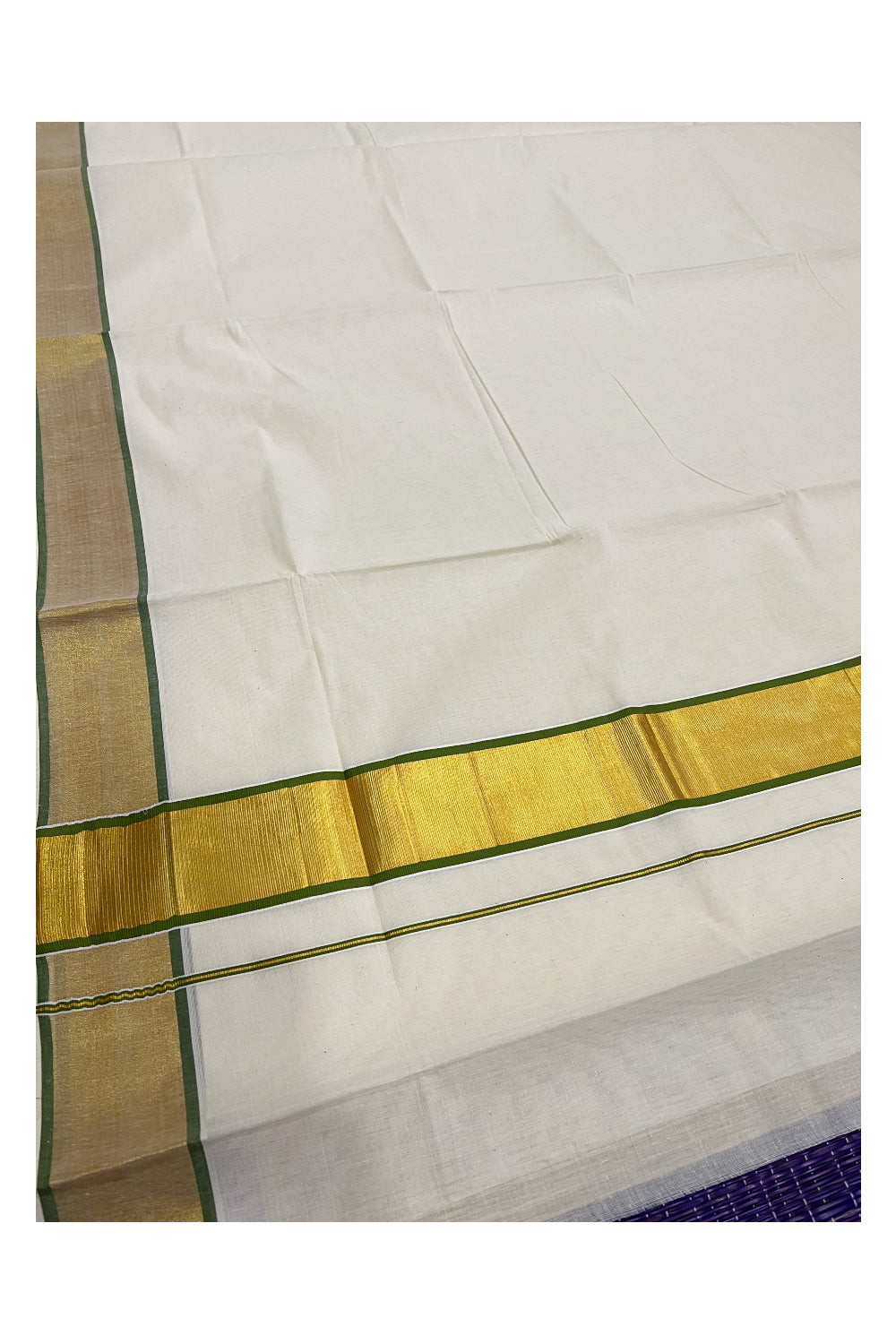 Pure Cotton Kerala Plain Saree with Kasavu and Light Green Border