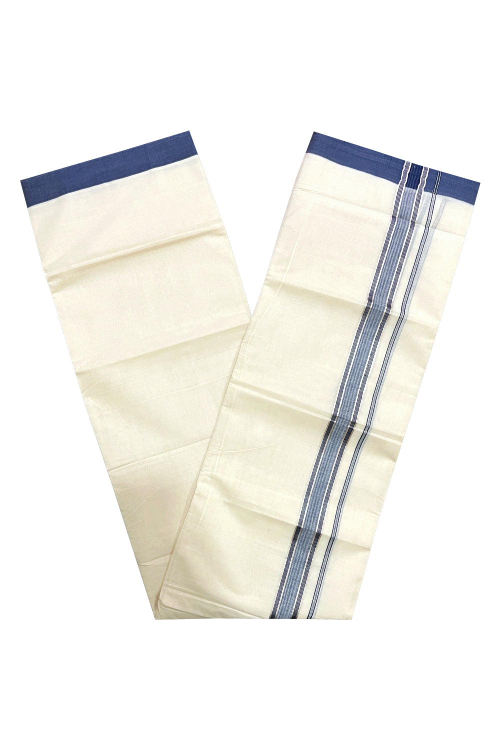 Pure Cotton Off White Double Mundu with Navy Blue and Silver Kara (South Indian Dhoti)