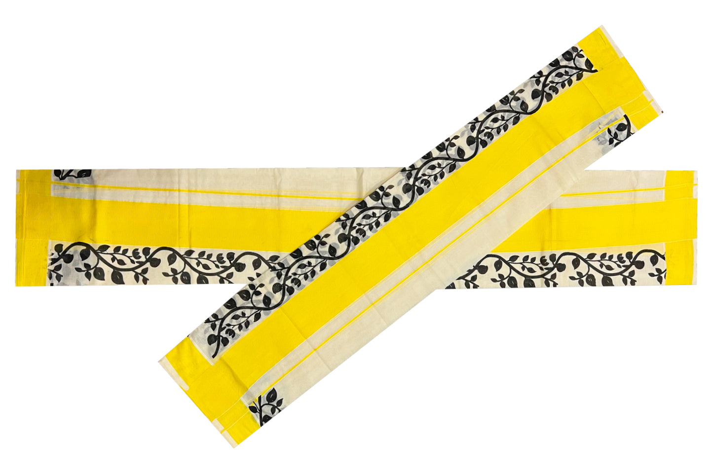 Southloom Original Design Onam Single Set Mundu (Mundum Neriyathum) with Black Floral Vines Block Print and Yellow Border