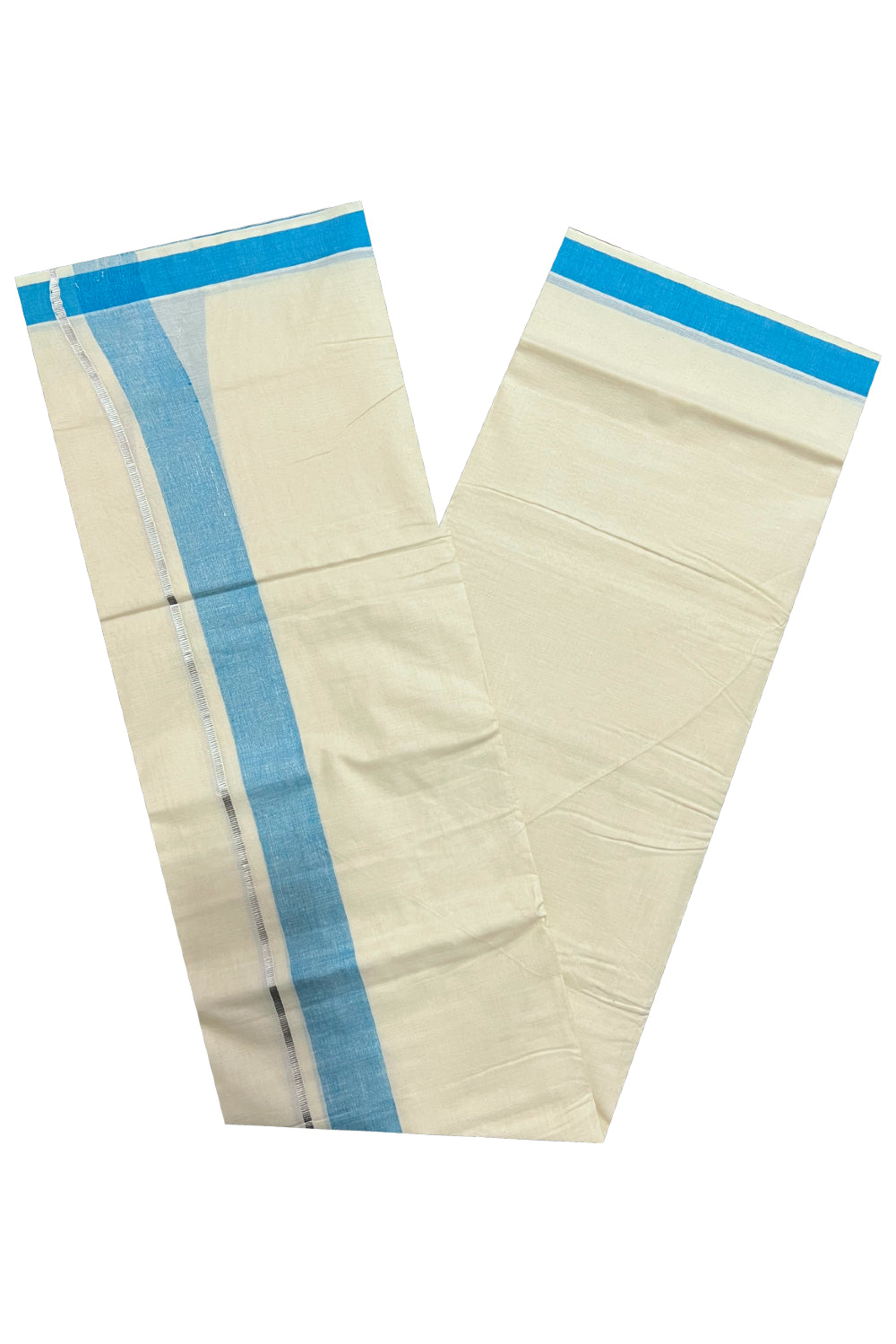 Pure Cotton Off White Double Mundu with Light Blue and Silver Kasavu Border (South Indian Dhoti)