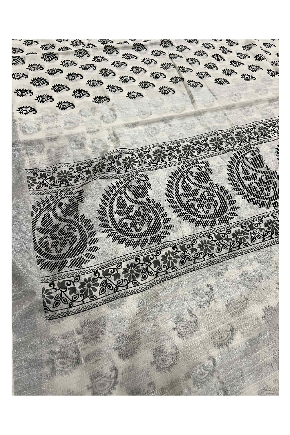 Southloom Linen Designer Saree in Black Prints on White Body with Tassels