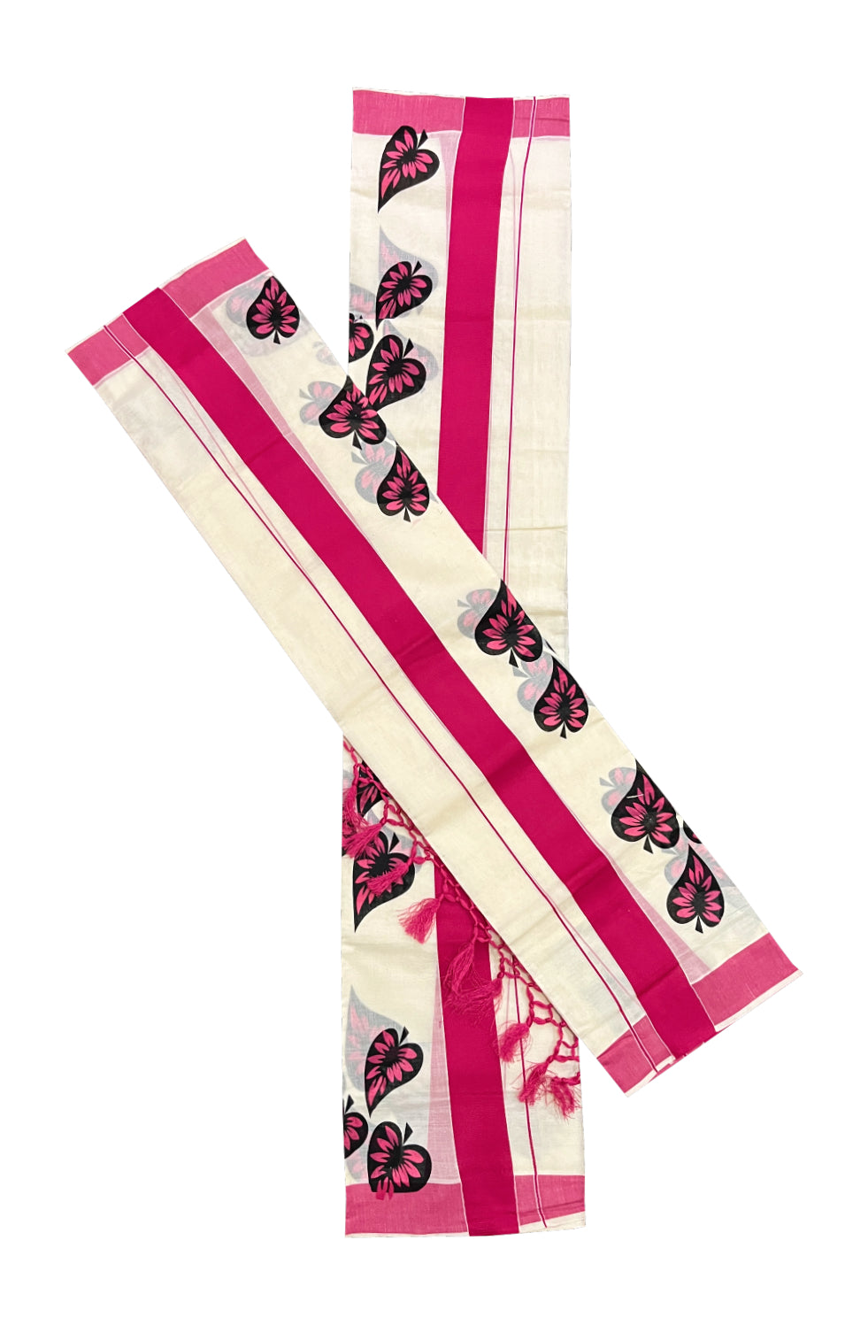 Kerala Cotton Set Mundu (Mundum Neriyathum) with Leaf Block Prints on Magenta Border and Tassels Works