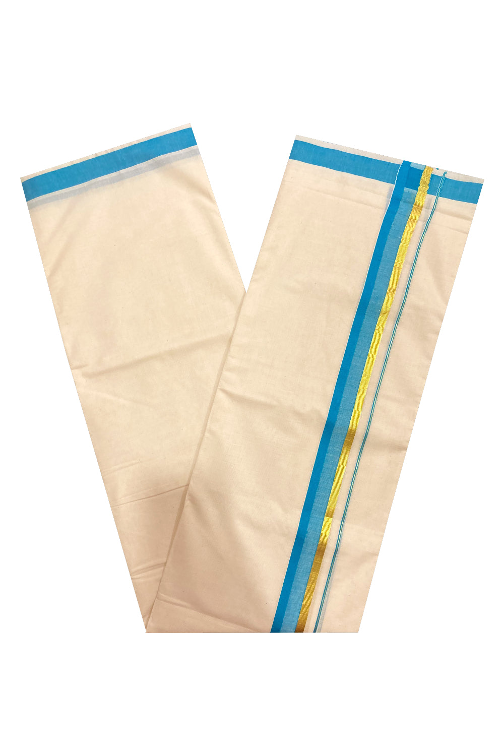 Pure Cotton Double Mundu with Blue and Kasavu Border (South Indian Dhoti)