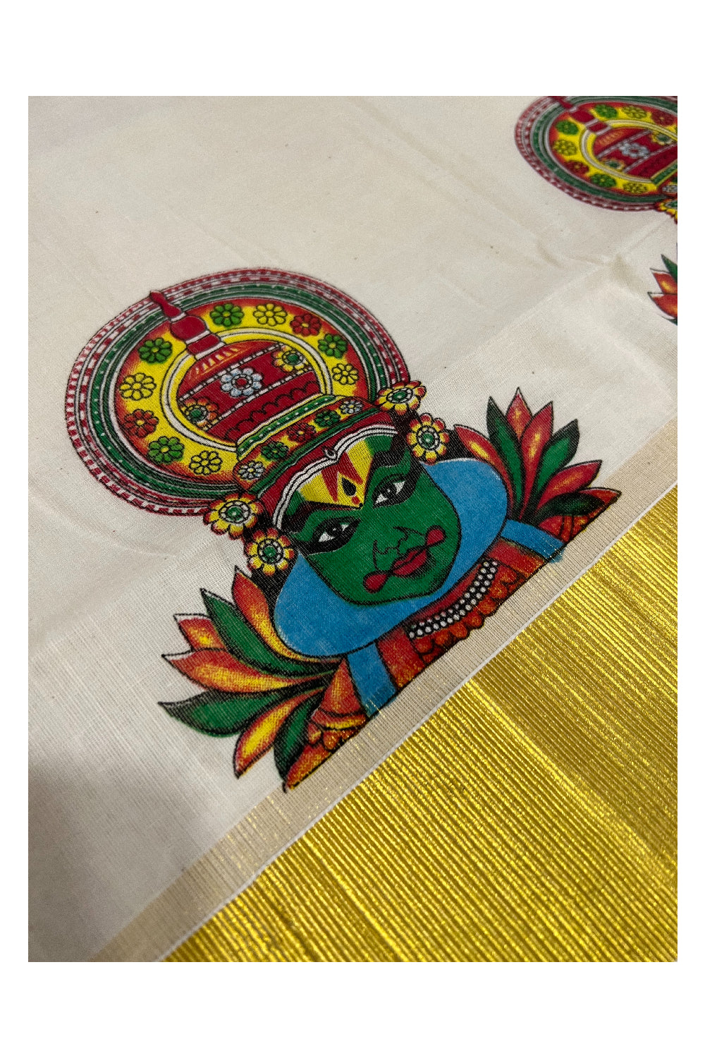 Pure Cotton Kasavu Set Mundu (Mundum Neriyathum) with Kathakali Mural Prints on Border 2.80 Mtrs