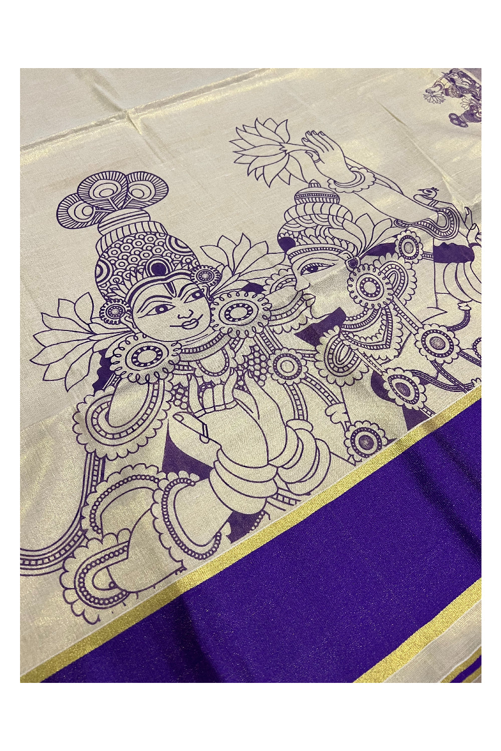 Kerala Tissue Kasavu Mural Printed Saree with Krishna Radha Design and Violet Border