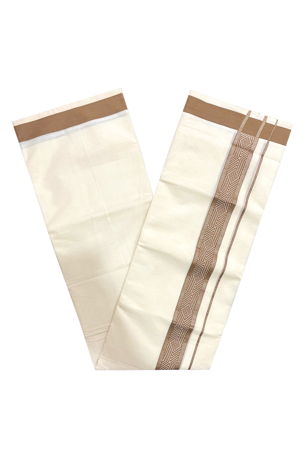 Pure Cotton Off White Double Mundu with Silver Kasavu and Brown Woven Border (South Indian Dhoti)