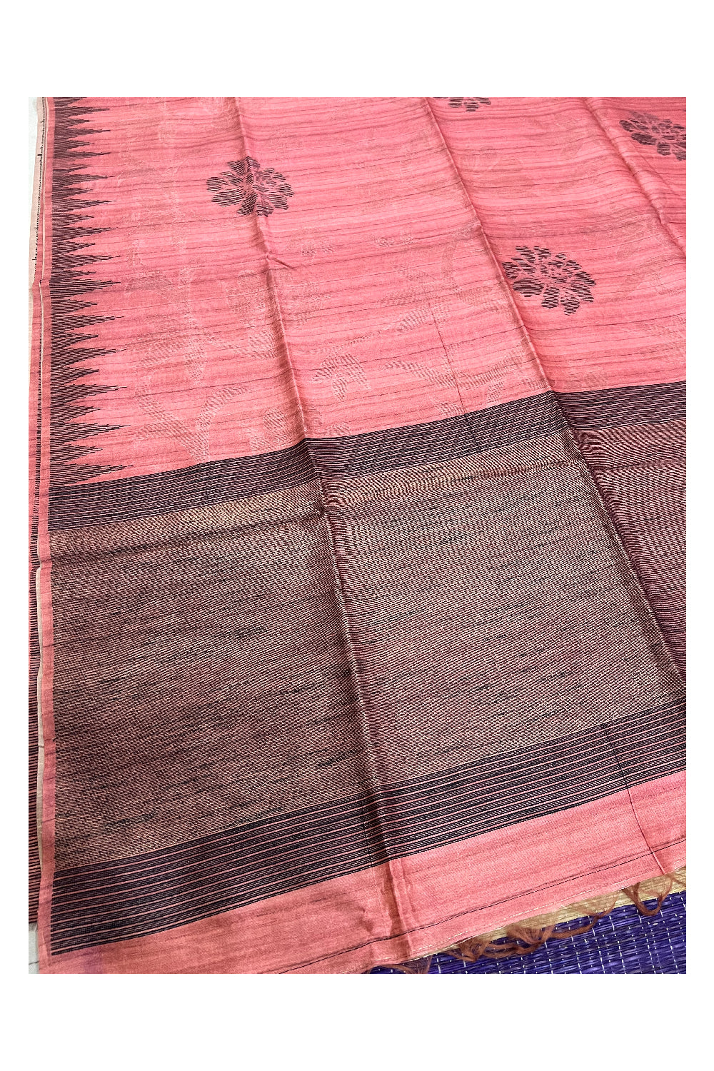 Southloom Dark Pink Semi Tussar Designer Saree with Dark Brown Temple Border