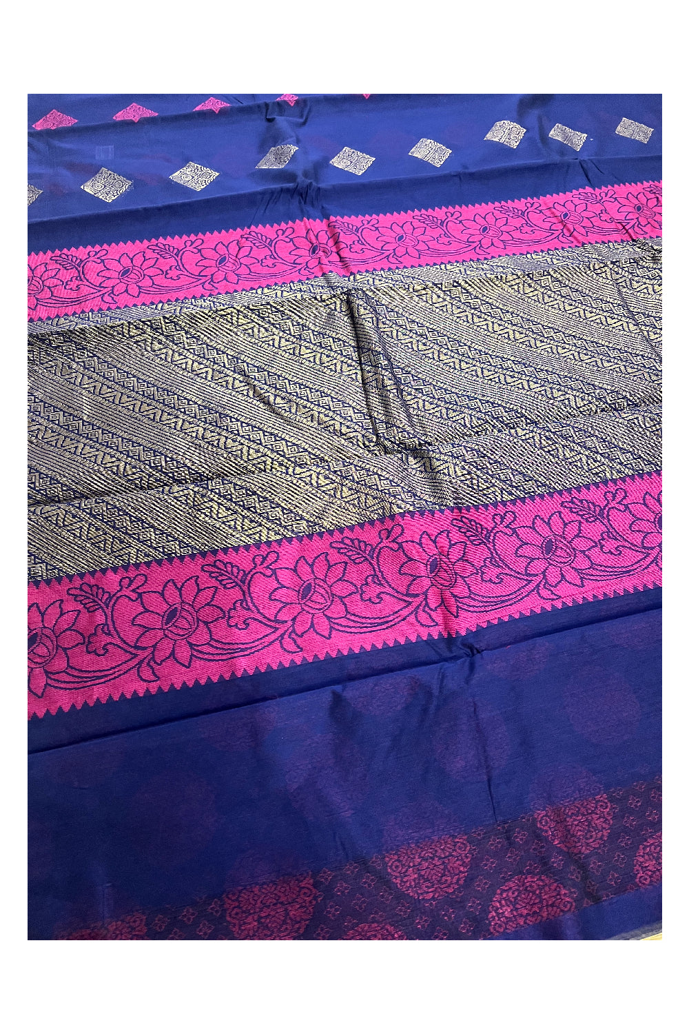 Southloom Dark Blue Cotton Designer Saree with Magenta and Zari Woven Patterns