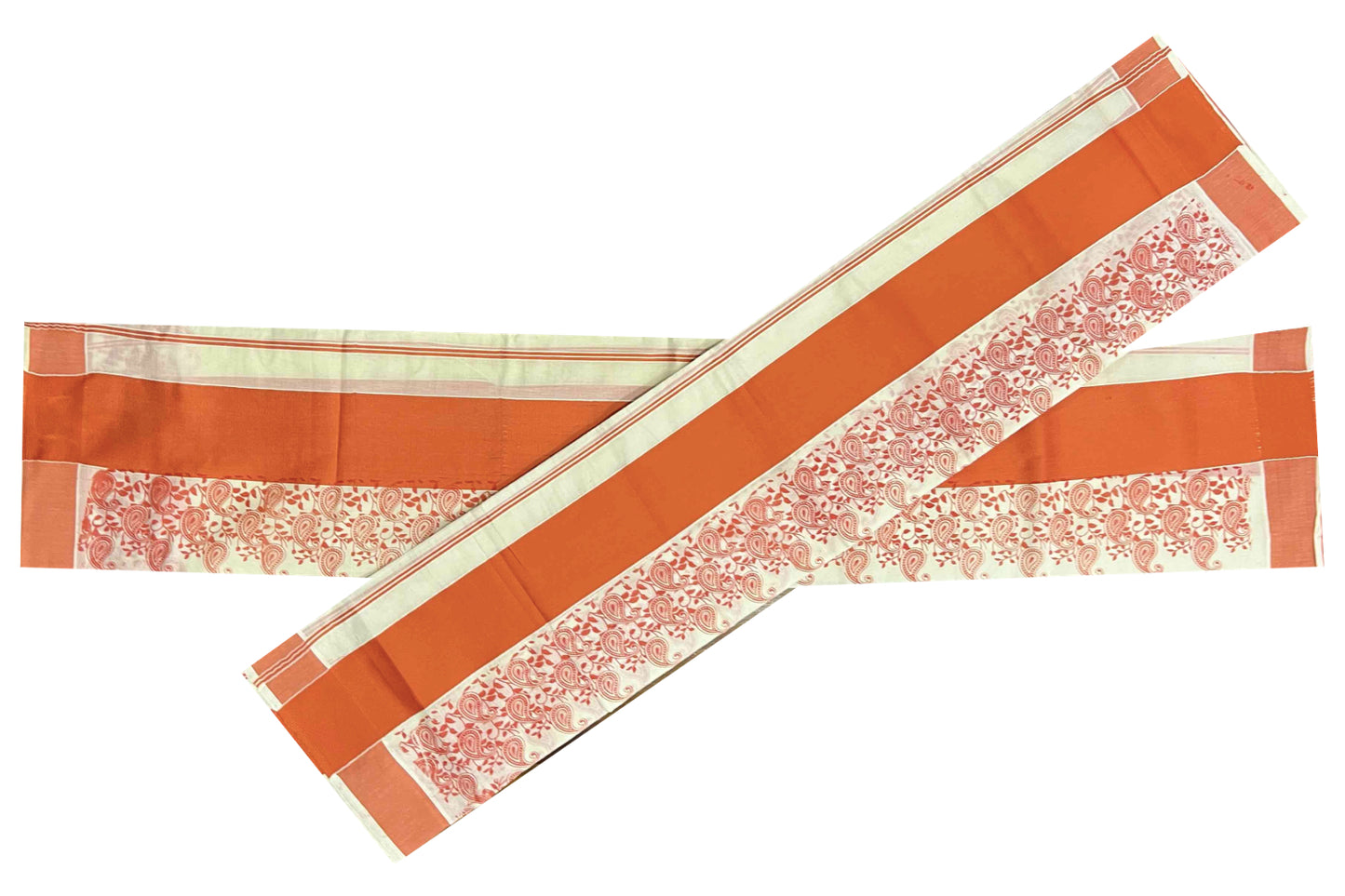 Kerala Cotton Set Mundu (Mundum Neriyathum) with Orange Block Printed Border