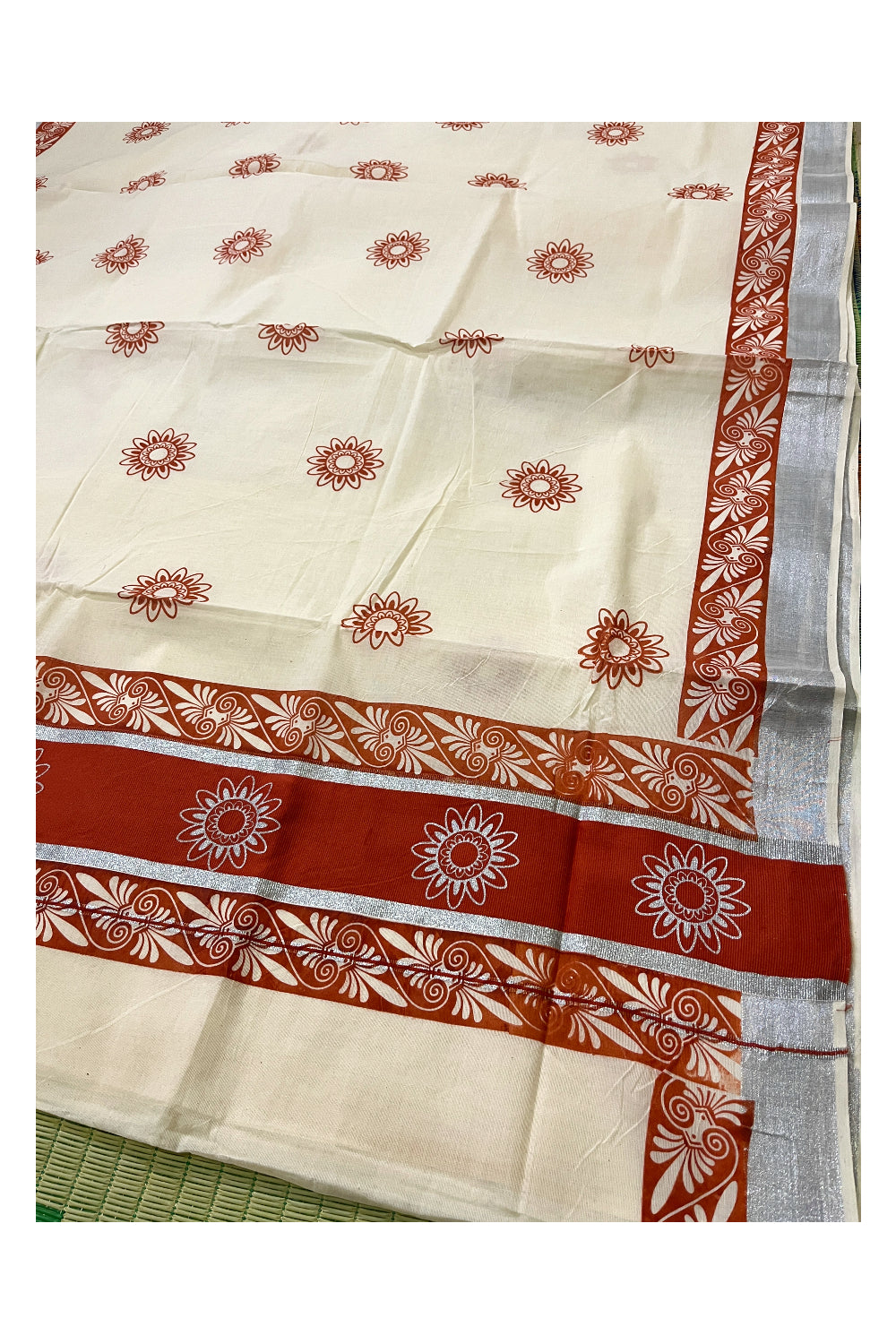 Pure Cotton Kerala Saree with Orange Block Prints and Silver Kasavu Border (Onam Saree 2023)