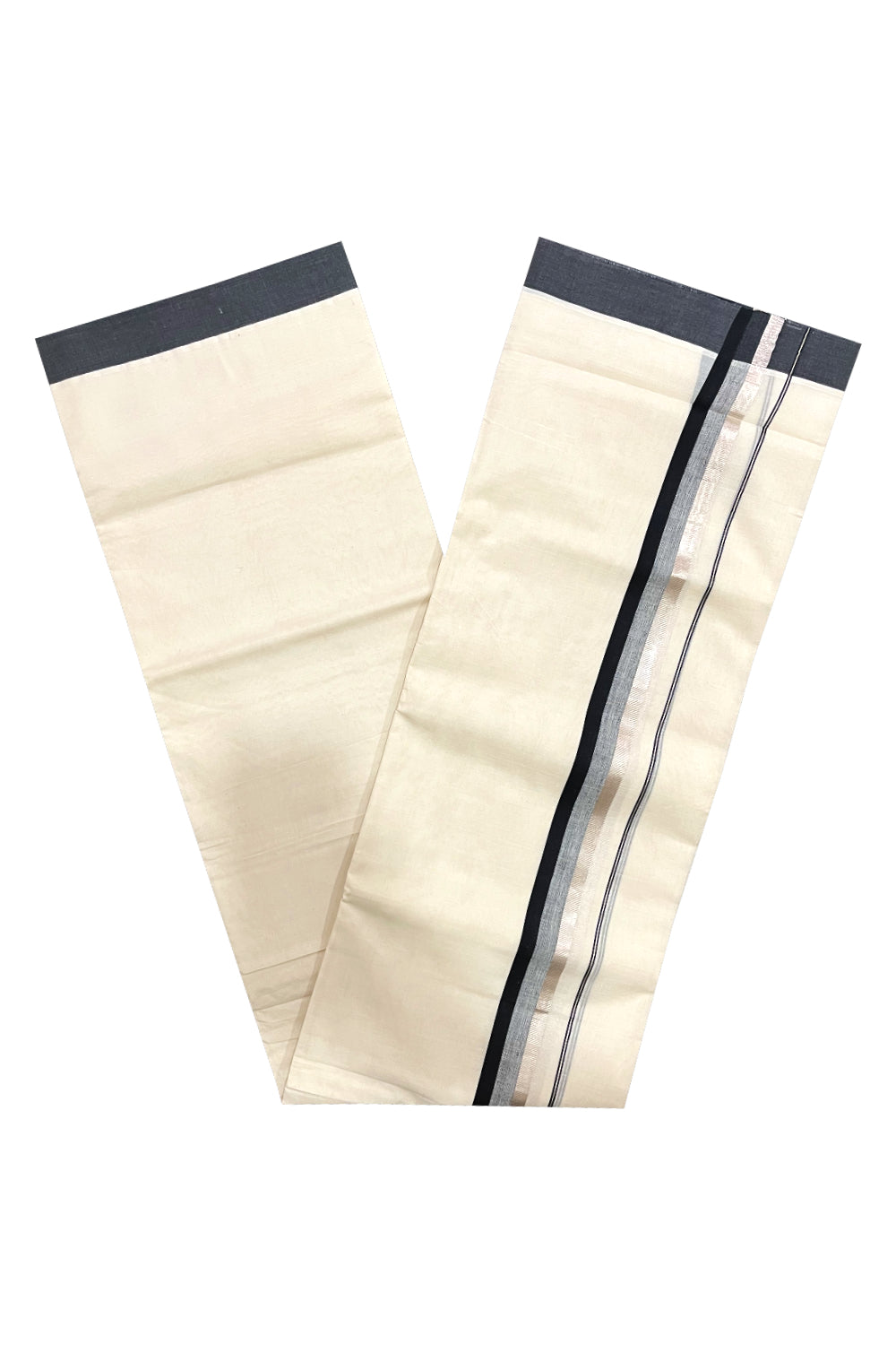 Pure Cotton Off White Double Mundu with Silver Kasavu and Black Border (South Indian Dhoti)