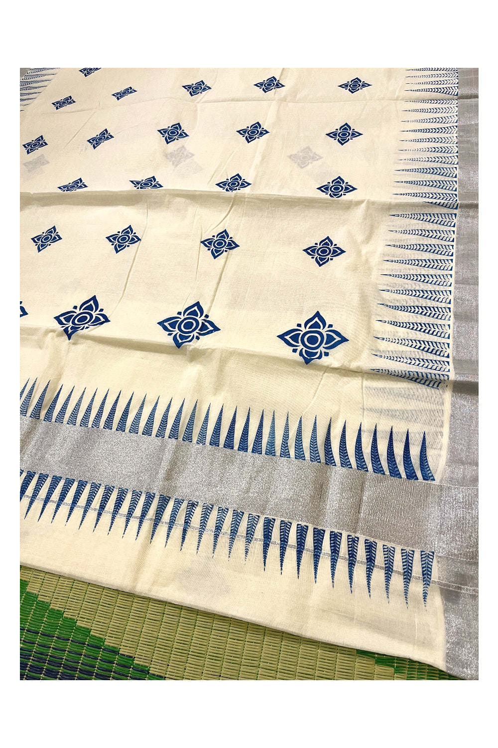 Pure Cotton Kerala Saree with Blue Temple Block Prints and Silver Kasavu Border (Onam Saree 2023)