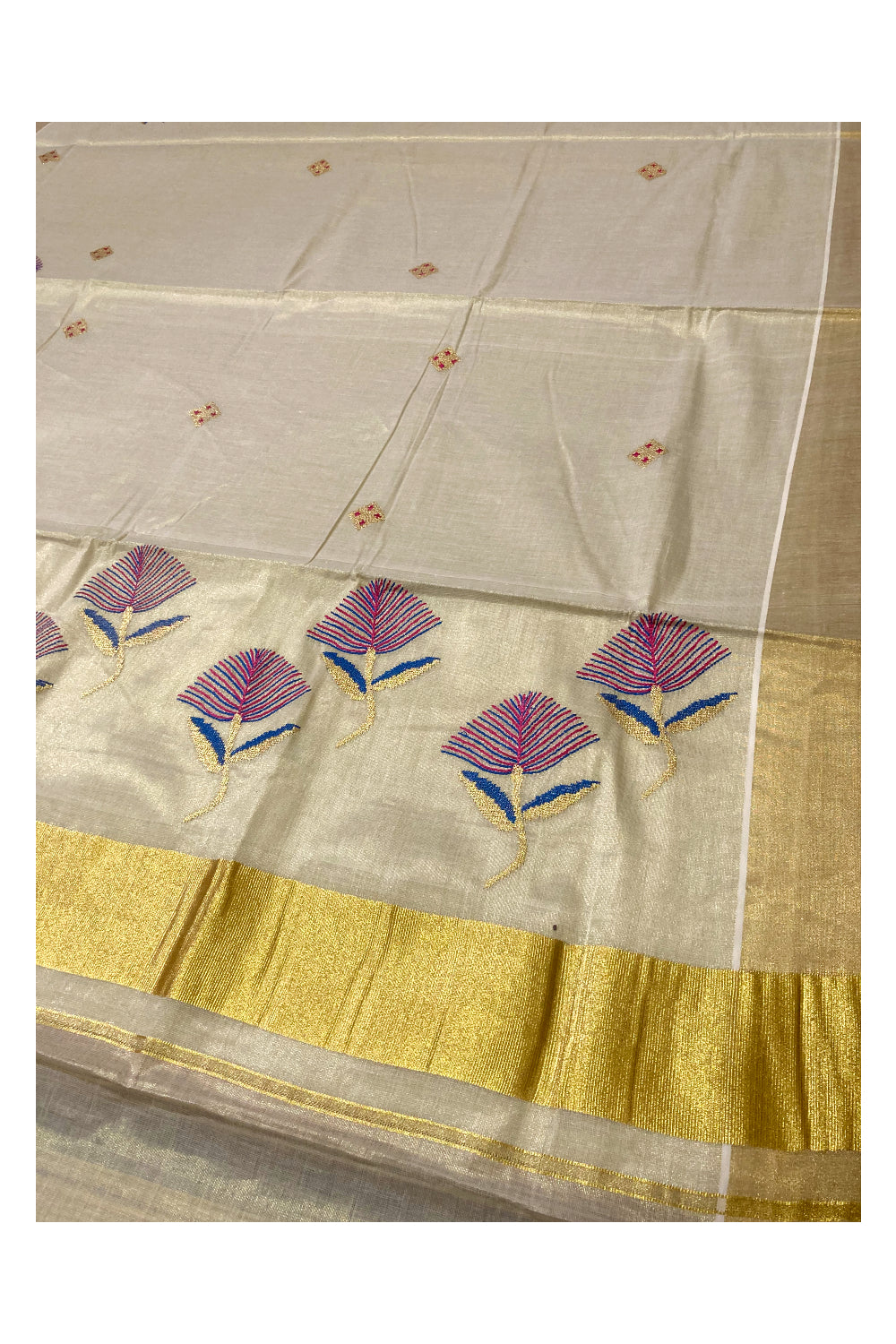 Kerala Tissue Kasavu Saree with Floral Embroidery Works