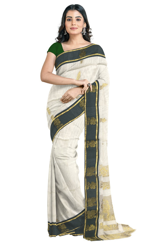 Kerala Kasavu Heavy Woven Work Cotton Saree with Green Border