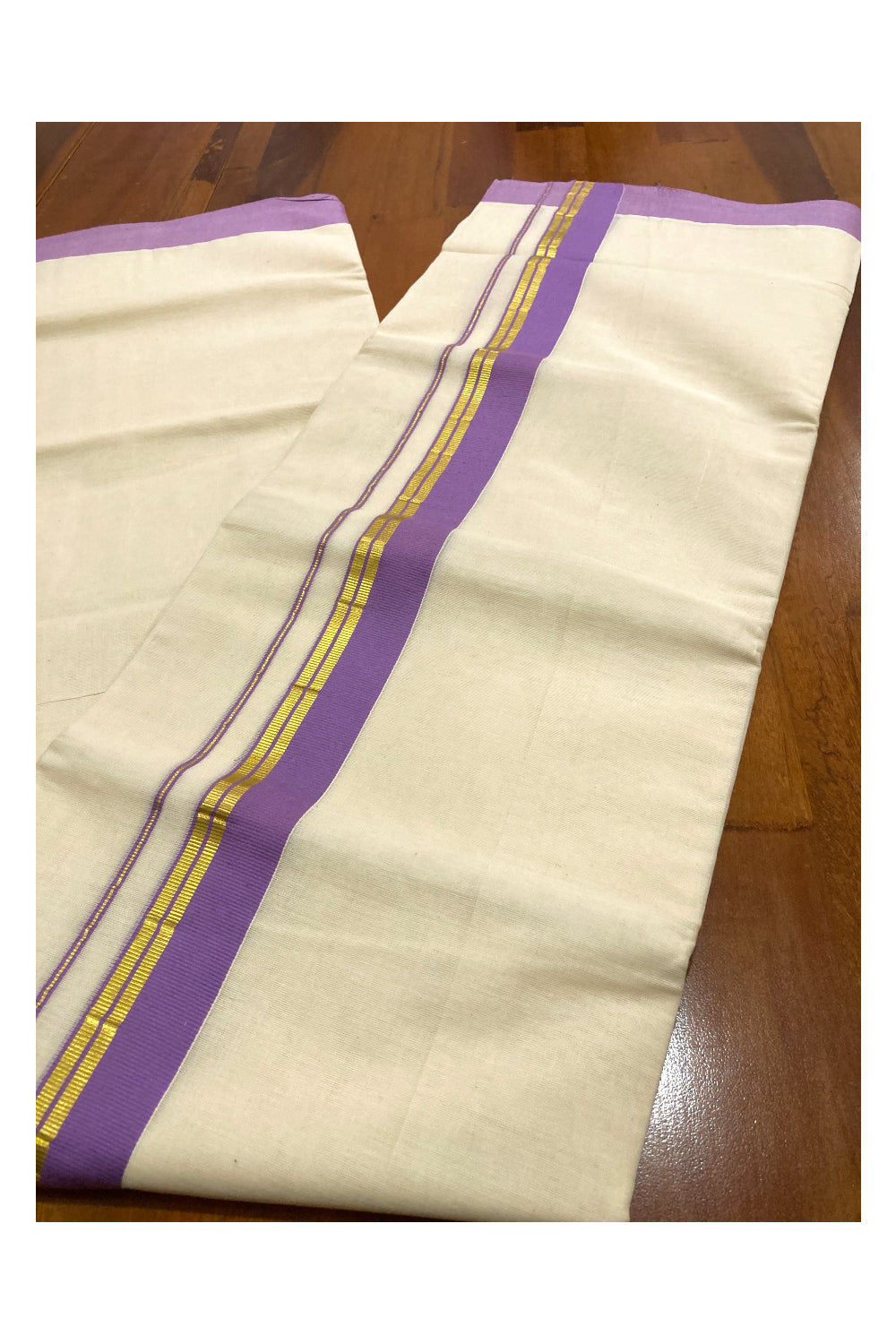 Off White Pure Cotton Double Mundu with Kasavu and Violet Border (South Indian Dhoti)