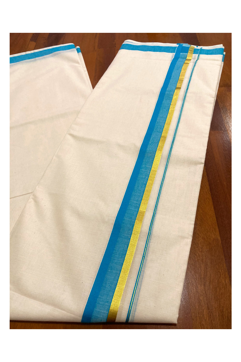 Pure Cotton Double Mundu with Blue and Kasavu Border (South Indian Dhoti)