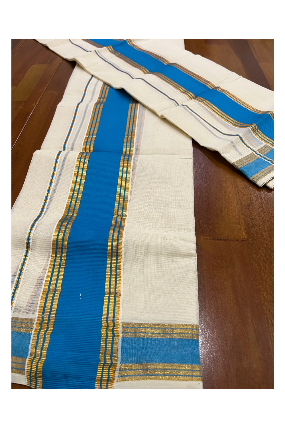 Pure Cotton Kerala Single Set Mundu (Mundum Neriyathum) with Blue and Kasavu Border