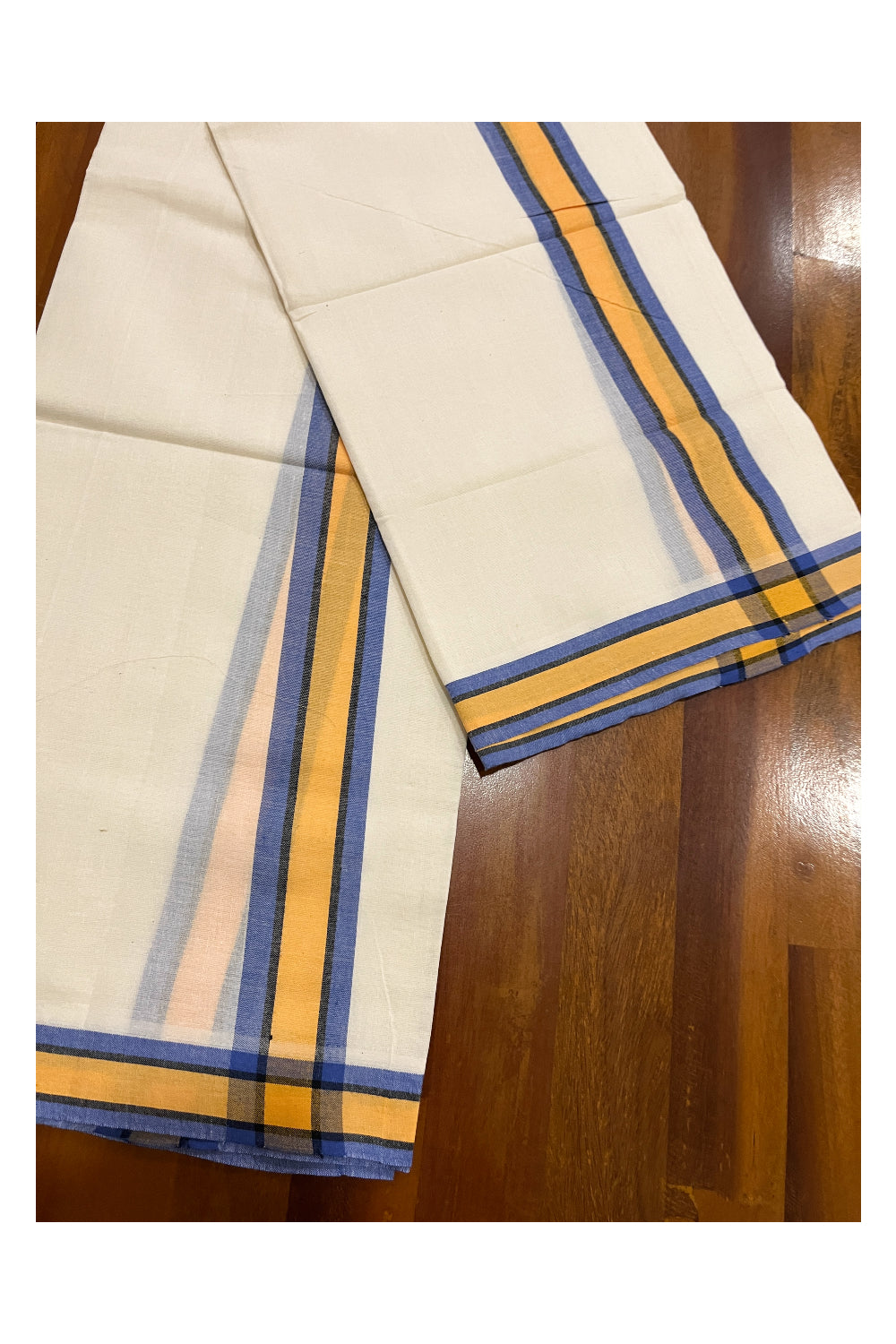 Kerala Cotton Mulloth Mundum Neriyathum Single (Set Mundu) with Yellow and Violet Border (Extra Soft Cotton)