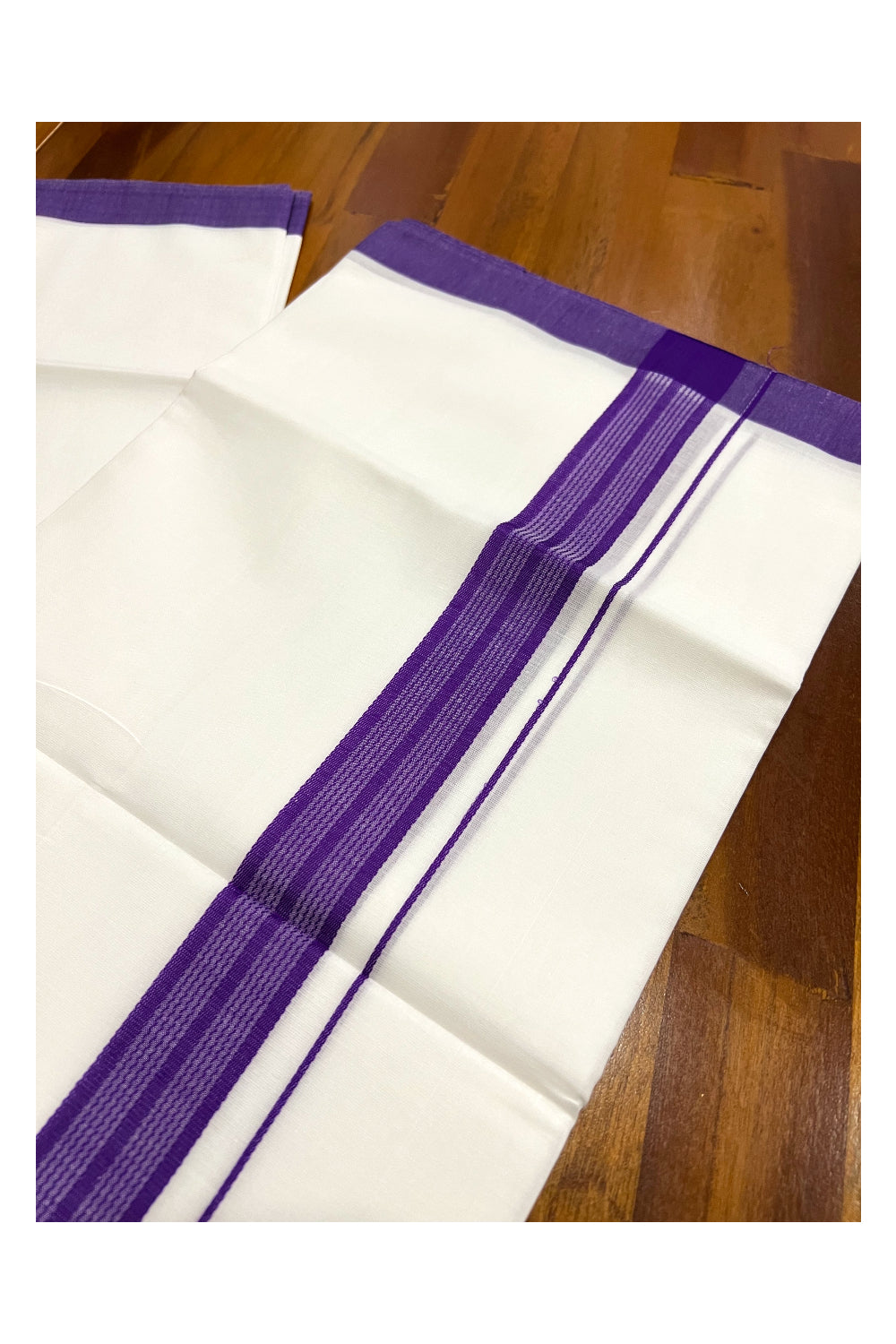 Pure White Cotton Double Mundu with Violet Border (South Indian Dhoti)