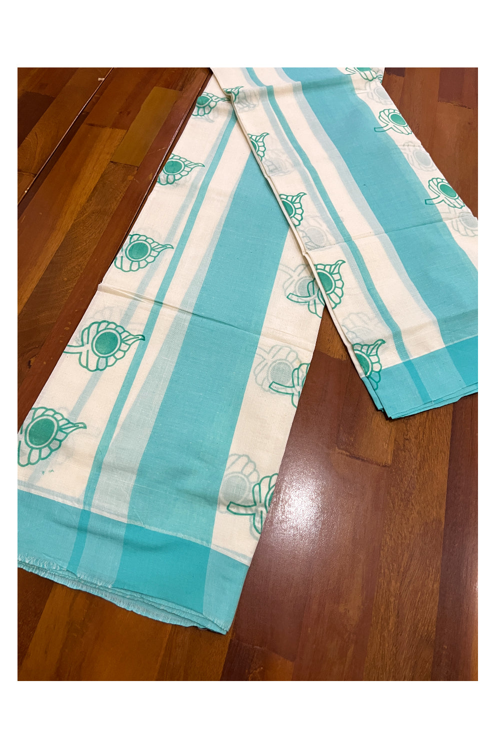 Pure Cotton Single Set Mundu (Mundum Neriyathum Vishu 2023) with Turquoise Block Prints and Border