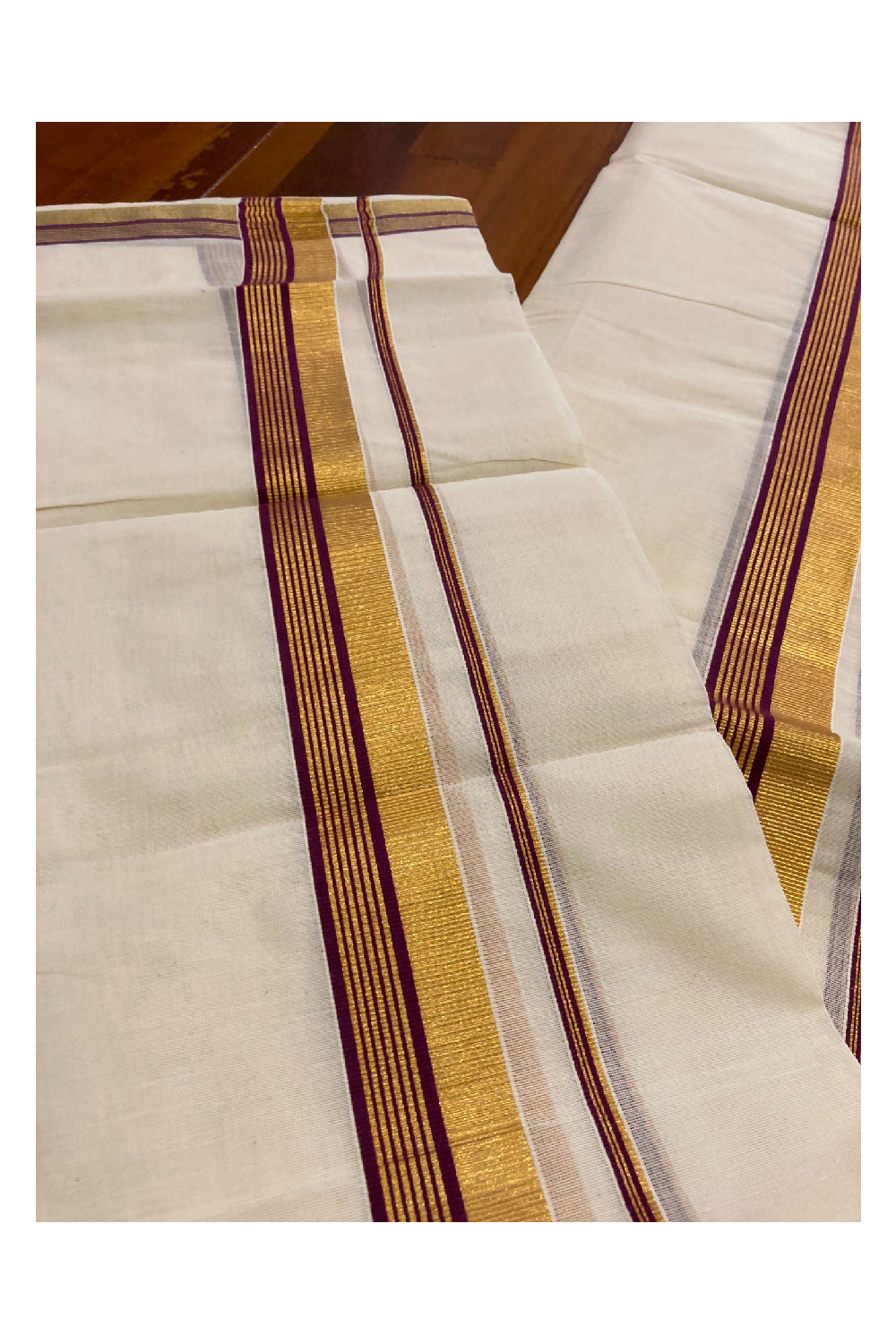Kerala Cotton Mundum Neriyathum Double (Set Mundu) with Magenta and Kasavu Border