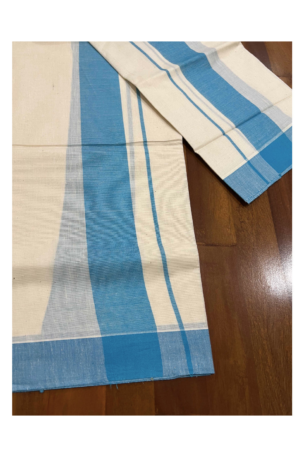 Kerala Cotton Mundum Neriyathum Single (Set Mundu) with Light Blue Mulloth Border (Extra Soft Cotton)