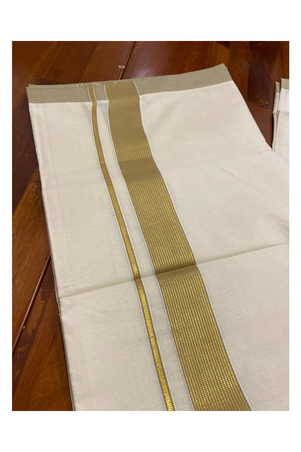 Off White Kerala Double Mundu with Kasavu and Olive Yellow Line Border (South Indian Dhoti)