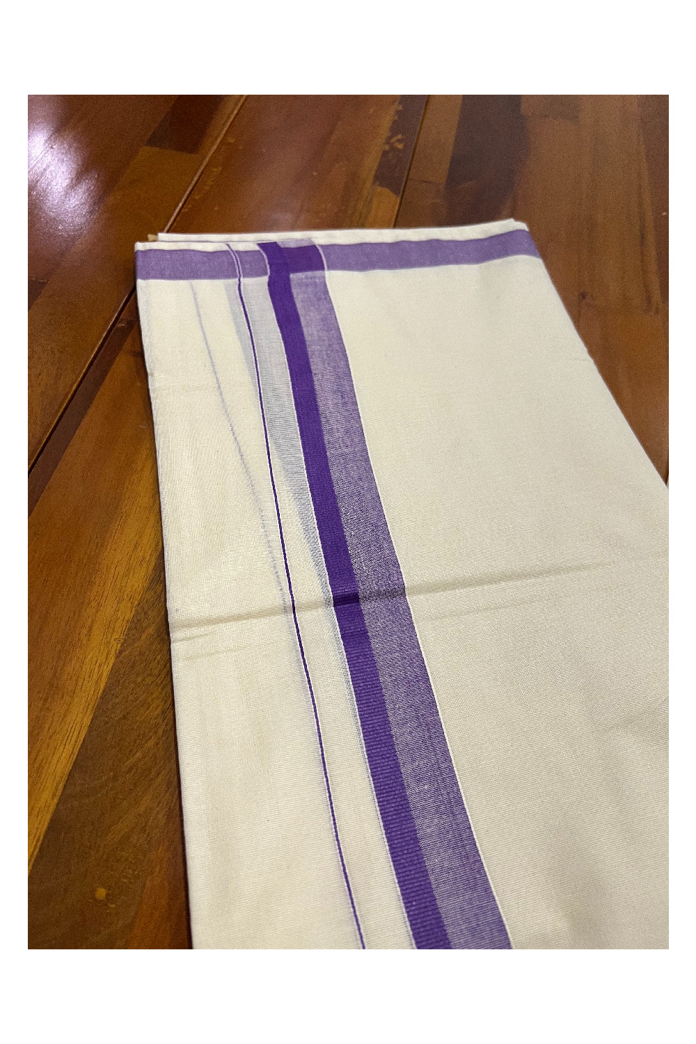 Off White Pure Cotton Double Mundu with Dark Violet Shaded Kara (South Indian Dhoti)