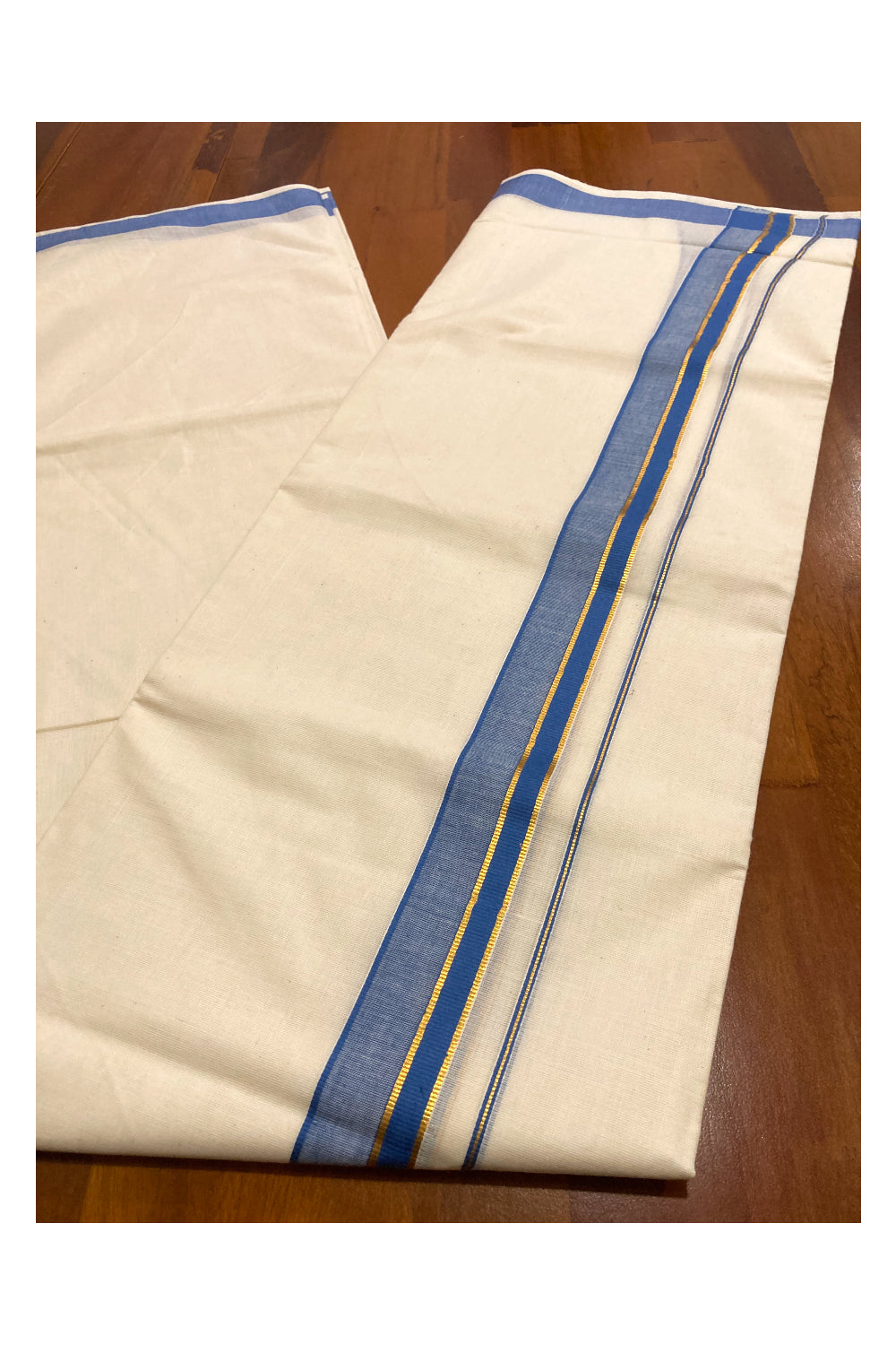 Pure Cotton Double Mundu with Blue and Kasavu Border (South Indian Dhoti)