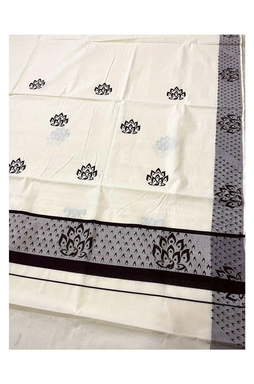 Pure Cotton Off White Kerala Saree with Brown Block Prints on Border