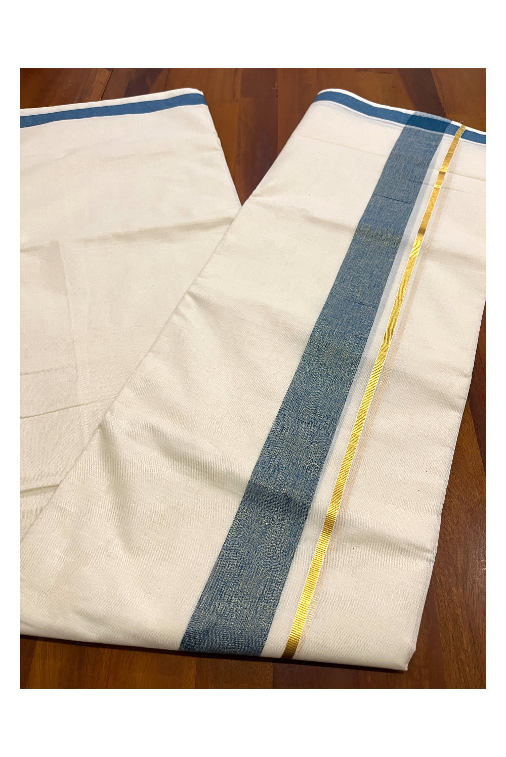 Pure Cotton Double Mundu with Kasavu Blue Kara (South Indian Kerala Dhoti)