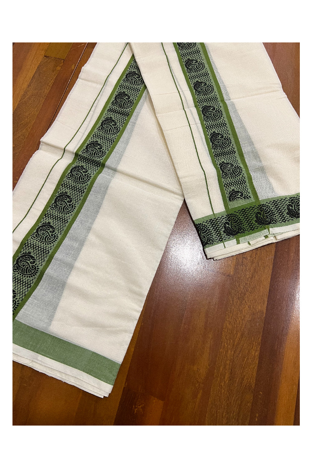 Kerala Cotton Set Mundu (Mundum Neriyathum) with Green Peacock Block Printed Border