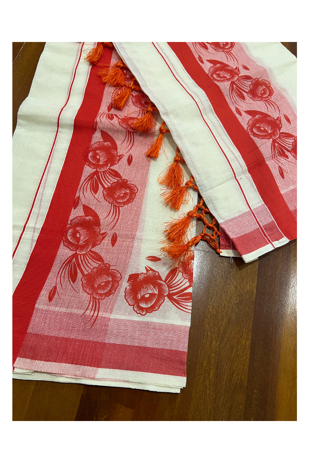 Kerala Cotton Set Mundu (Mundum Neriyathum) with Orangish Red Floral Block Prints and Tassels Border